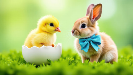 Cute rabbit in a blue bow on his neck sits on green grass next to a yellow chicken in half an egg, Easter concept