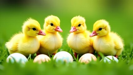 Fototapeta premium Close-up of yellow chickens sitting on green grass near easter decorated eggs, blurred background