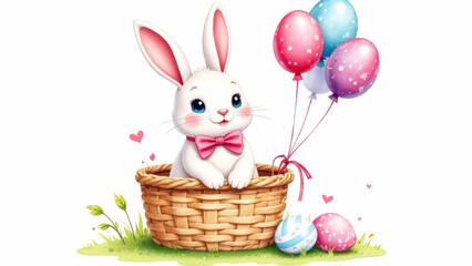 A bunny with a pink bow on his neck sits in a basket with pink balloons on a green lawn with Easter eggs