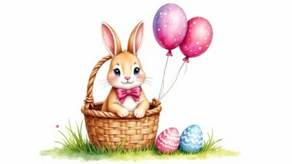 A bunny with a pink bow on his neck sits in a basket with pink balloons on a green lawn with Easter eggs