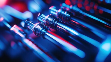 Chrome parts, neon lights, industrial setting, product display