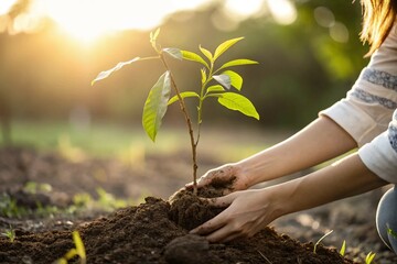 female Hand planting  tree in soil with sunlight
