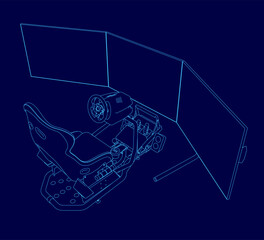 A blue drawing of a video game controller with three screens. The controller is designed to be used with a racing game