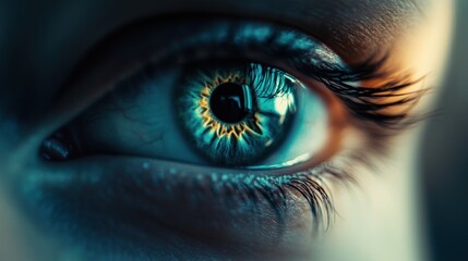Close-up eye, vibrant iris, dark background, medical/advertising use (1)