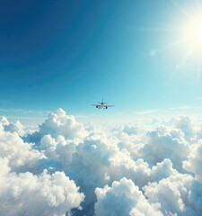 Wide view of plane flying across the vast expanse of a bright blue sky with fluffy white clouds, air travel, blue sky, flying