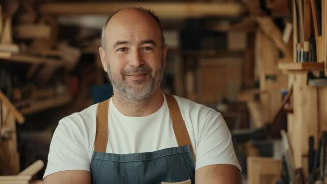Smiling Carpenter in Workshop Surrounded by Woodworking Tools and Materials, Radiating Passion for Craftsmanship and Skills in Beautiful Crafting Environment