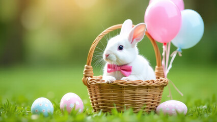 A bunny with a pink bow on his neck sits in a basket with pink and blue balloons on a green lawn with Easter eggs