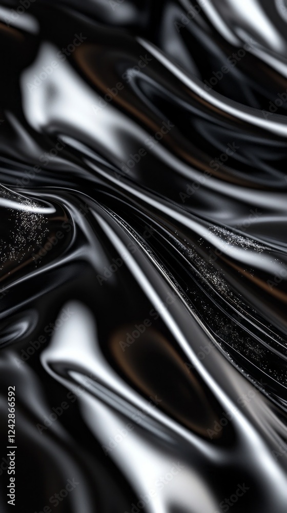 Poster curves of sleek black fabric undulate gracefully, capturing soft reflections of light. the surface g