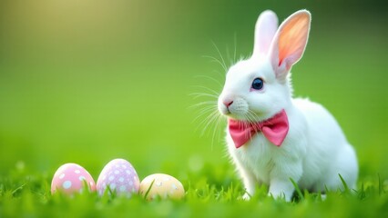 Obraz premium Cute bunny with a pink bow on his neck sits on the green grass next to painted decorated Easter eggs, blurred background 