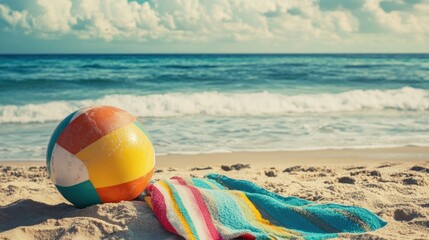 Obraz premium Beach Ball and Towel Resting on Sandy Shore