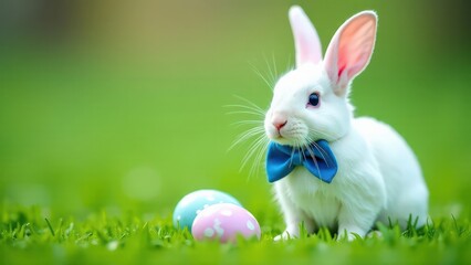 Obraz premium A cute Easter white bunny with a blue bow on his neck sits on green grass, Easter eggs lie nearby, blurred background