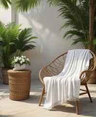 Obraz premium White woven beach towel draped over a rattan chair in a tropical outdoor setting, chair, decoration, rattan, outdoor