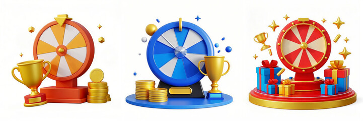 set of 3d cartoon icon of spinning fortune wheel for promotion events isolated on white background. 300dpi