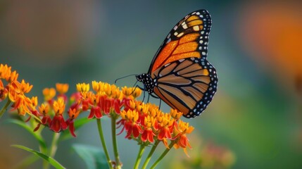Fototapeta premium Monarch Butterfly on Orange Milkweed Flower, Close-up Macro