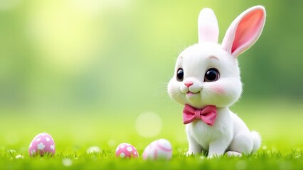 A cute Easter white bunny with a pink bow on his neck sits on green grass, Easter eggs lie nearby, blurred background