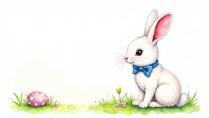 Obraz premium A cute Easter white bunny with a blue bow on his neck sits on green grass, Easter eggs lie nearby, blurred background