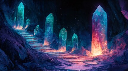 Glowing Crystal Cave Path Mystical Vibrant Hues. AI Generated