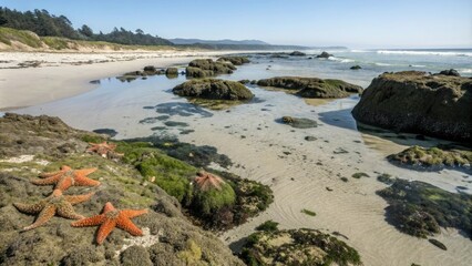 White sandy beach at low tide with exposed rocks and tidal pools filled with anemones and starfish, beach, rocks, sea creatures, tidal pools