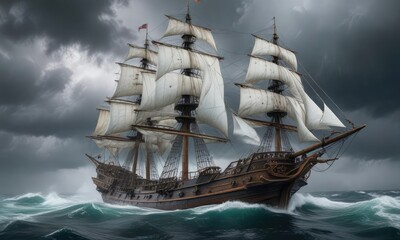 White sail-filled majestic galleon amidst raging tempest, boat, sailing