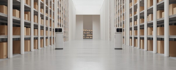 Efficient warehouse design featuring stacked shelves, robotic systems, and packed boxes, highlighting streamlined order fulfillment processes