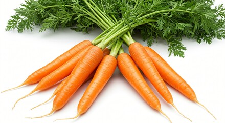 A fresh bunch of vibrant orange carrots with lush green tops, neatly arranged on a white background, showcasing their natural texture and color.