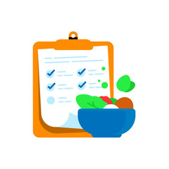 Flat illustration of a clipboard with a organic, nutritious food. daily nutrition checklist, healthy meal planning, balanced diet, or dietary tracking. concept for health, wellness, or nutrition apps