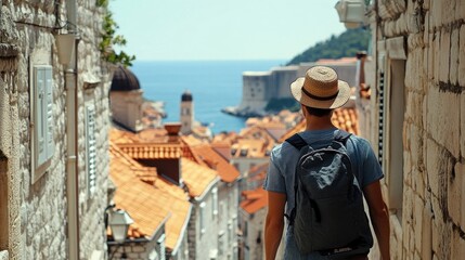 Tourist admires coastal city view from stone alleyway