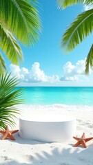 Obraz premium Vertical product mockup photo with a podium, on a beach with white sand, blue sky, palm leaves around, starfish and seashells on the white sand, sea on the background