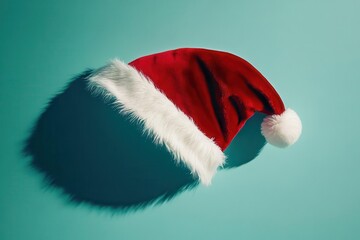a whimsical red velvet santa hat with white fur trim floating against a clean studio background, soft shadows and crisp details