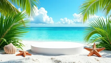 Fototapeta premium Product mockup photo with a podium, on a beach with white sand, blue sky, palm leaves around, starfish and seashells on the white sand, sea on the background