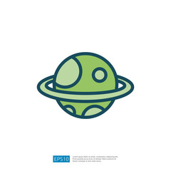 Simplified Illustration of a Green Planet with Rings and Spots Representing Celestial Body in Space Education Icon