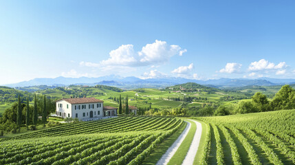 picturesque Tuscan landscape featuring rolling hills, vineyards, and charming villa under clear blue sky