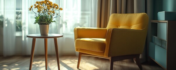 Sunny room, yellow armchair, flowers, side table, teal cabinet