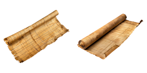 Egyptian papyrus scroll isolated on transparent background, PNG, Set of