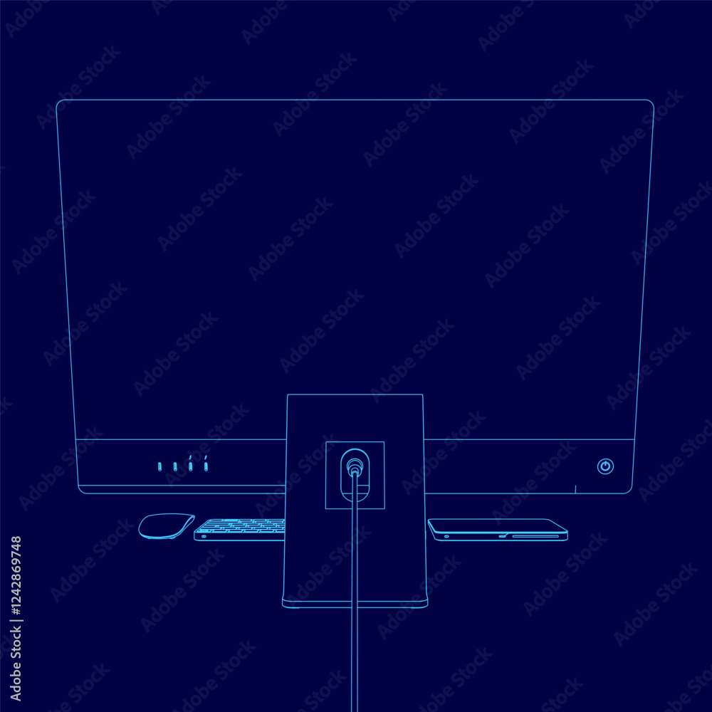 Poster a computer monitor with a keyboard and mouse on it. the monitor and keyboard is blue outline