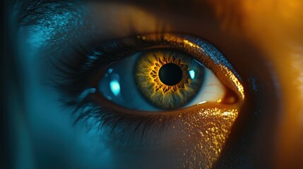 Close-up eye, glowing, studio, dark background, visual art