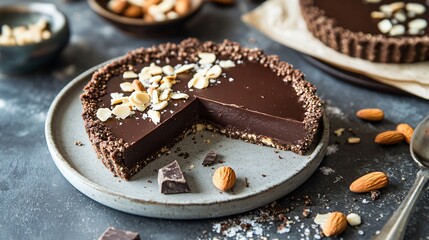 A gluten-free chocolate tart with a crunchy quinoa crust, garnished with almond flakes and a touch of sea salt