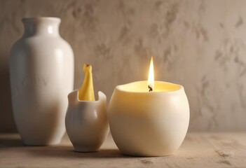 White candle burning with a soft yellow flame in a ceramic vase, table decoration, warm lighting, candle