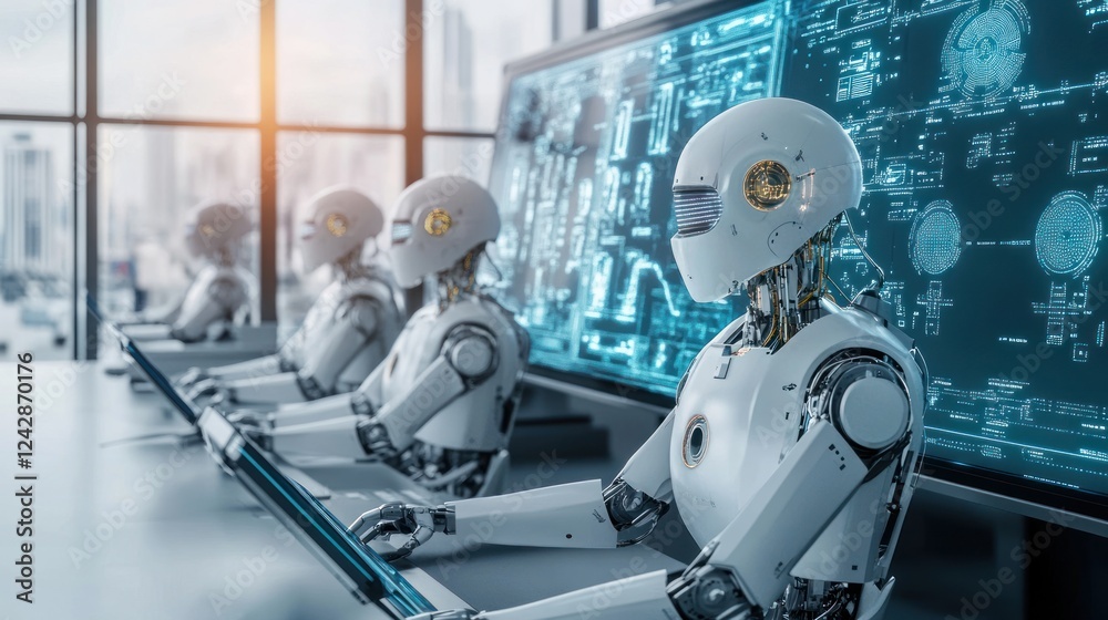 Poster robots working together in a modern office environment