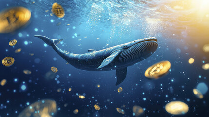 Surreal digital art of whale swimming among floating cryptocurrency coins, creating captivating underwater scene