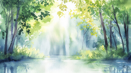 Fototapeta premium serene watercolor landscape featuring tranquil river surrounded by lush greenery and soft sunlight filtering through trees
