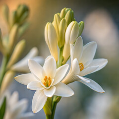 Obraz premium Beautiful white tuberose flowers blooming with delicate buds in a soft light setting