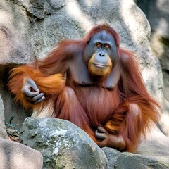 An orangutan sitting on the rocks, avoiding the sun