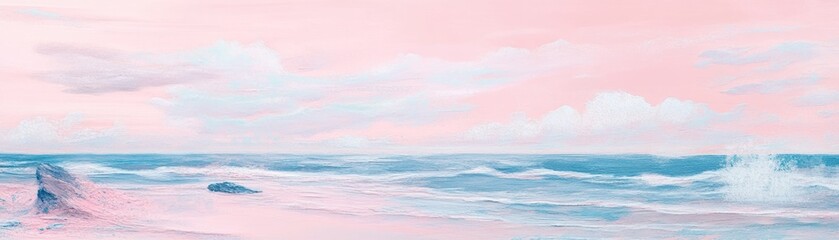 Pastel Seascape Pink Sky Ocean Waves Rocks