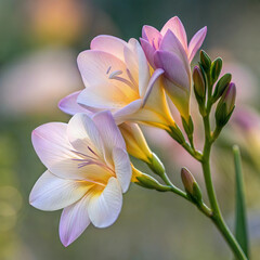 Fototapeta premium Graceful freesia flowers with pastel pink and yellow petals in a soft natural setting, copy space
