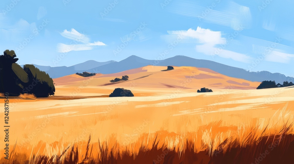 Canvas Prints Golden Fields Under a Blue Sky and Distant Mountains