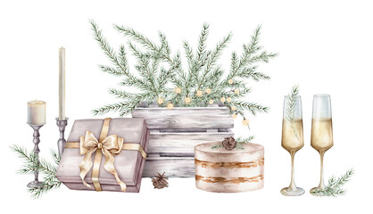 Watercolor Christmas tree branch in wooden box of white gray with fir needle and gift with glasses of champagne. Hand painted illustration cake and candles on isolated. Freehand drawing pine cone.