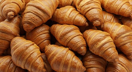 A mouthwatering pile of golden, flaky croissants with crisp, buttery layers, showcasing their rich texture and perfect pastry craftsmanship.