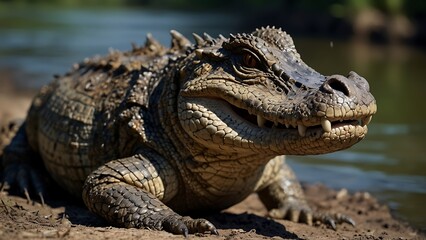 Fototapeta premium Crocodile resting beside a serene water body