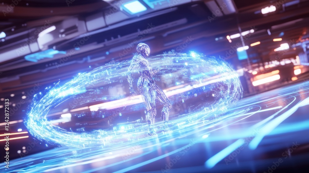 Poster futuristic robot encased in digital energy field